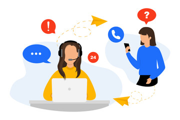 Call center, hotline customer support. Hotline operator advises customer. Woman with headset is sitting at her computer and talking with client. Online support 24 hours. Online customer service