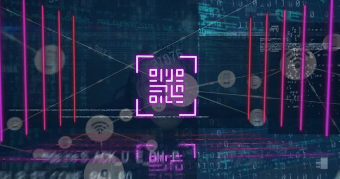 Animation of qr code, programming language and binary codes over close-up of hacker wearing mask