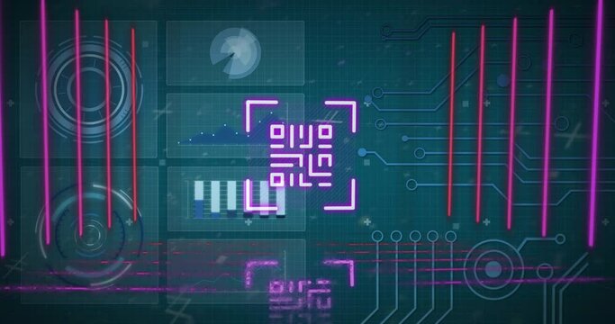 Animation of qr codes with lines over infographic interface against blue background