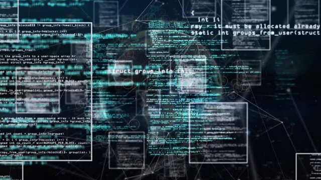 Animation of programming language in squares over globe against connected dots