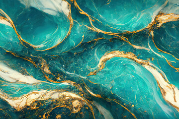 Fototapety  Abstract marble textured background. Fluid art modern wallpaper. Marbe gold and turquoise surface. AI