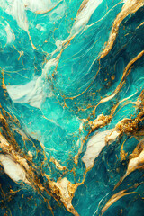Abstract marble textured background. Fluid art modern wallpaper. Marbe gold and turquoise surface. AI