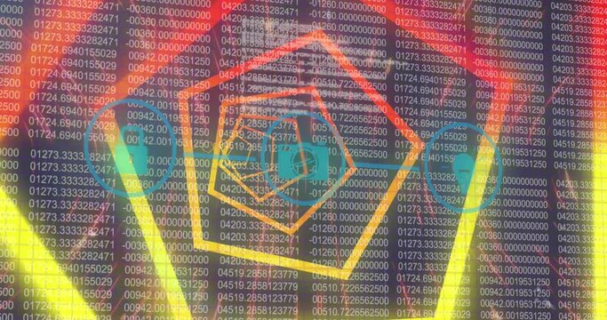 Animation of network of digital icons over tunnel in seamless pattern against binary coding