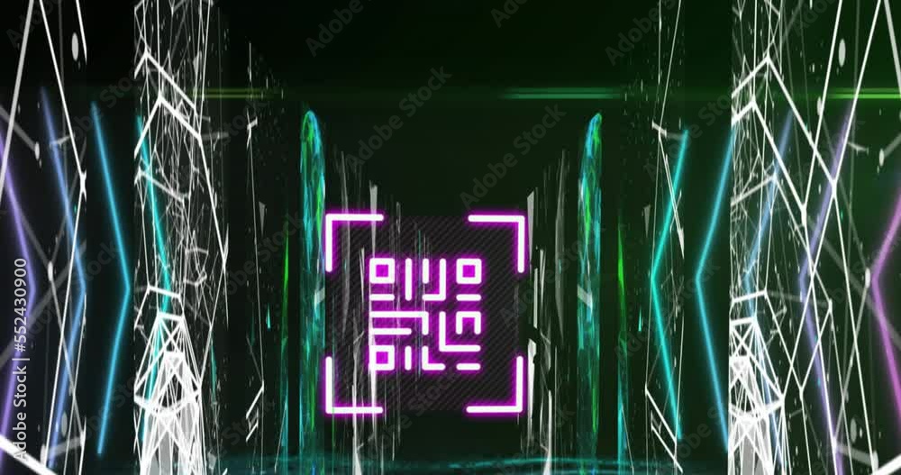 Poster animation of dots connected with lines and forming geometric shapes and blinking qr code