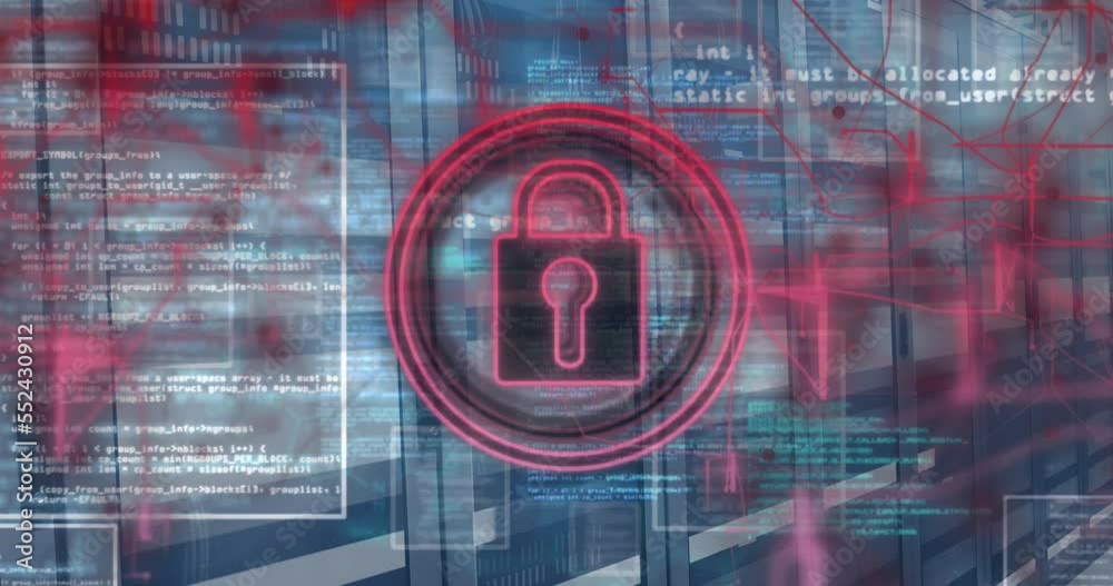 Poster animation of padlock in circle over programming language in squares against server room