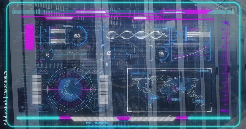 Poster animation of abstract pattern and infographic interface against server room in background