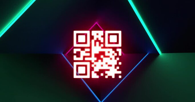 Animation of qr code scanner over neon light trails in seamless pattern against black background