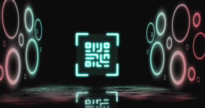Animation of flickering neon qr code scanner and circular shapes against black background