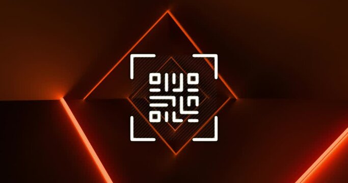 Animation of qr code scanner over neon light trails in seamless pattern against orange background