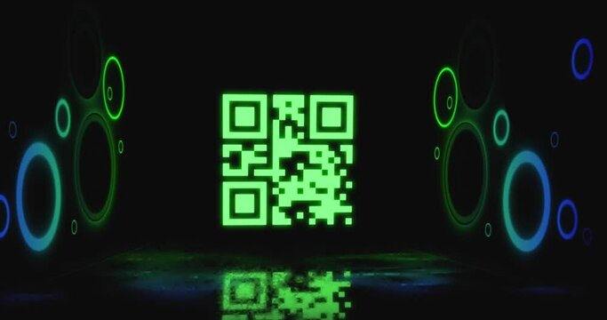 Animation of flickering neon green qr code scanner and circular shapes against black background