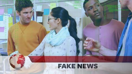 Animation of fake news text in bar, globe, computer language, diverse coworkers talking in office - Powered by Adobe