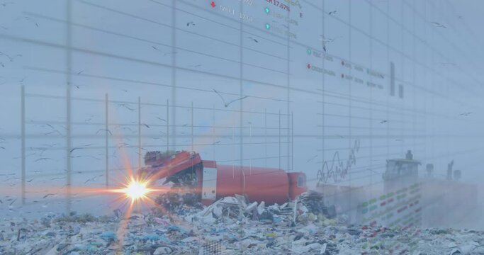 Animation of lens flare, graph, trading board, garbage spilled out of garbage bin in dumping yard