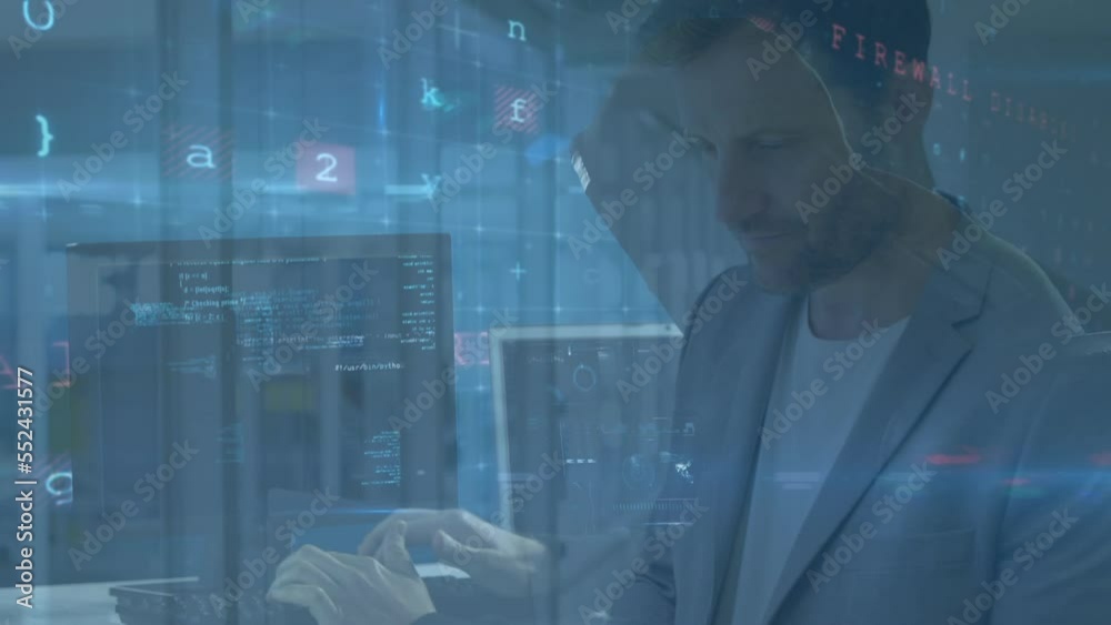 Poster animation of data processing over caucasian man and hacker in server room
