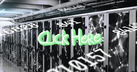 Animation of click here text and data processing over server room - Powered by Adobe