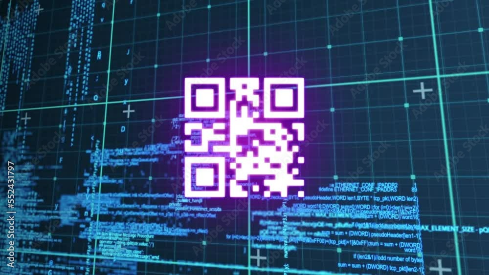 Poster animation of qr code over data processing on black background