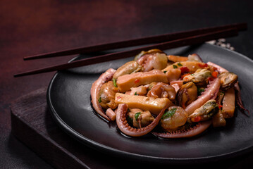 Delicious pickled seafood salad or cocktail on a black plate