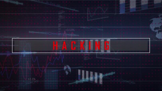 Animation of hacking text over data processing on black background
