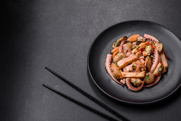 Delicious pickled seafood salad or cocktail on a black plate
