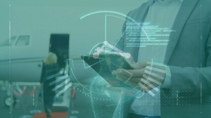 Video of artificial intelligence with interface while businessman using tablet pc outside airplane - Powered by Adobe