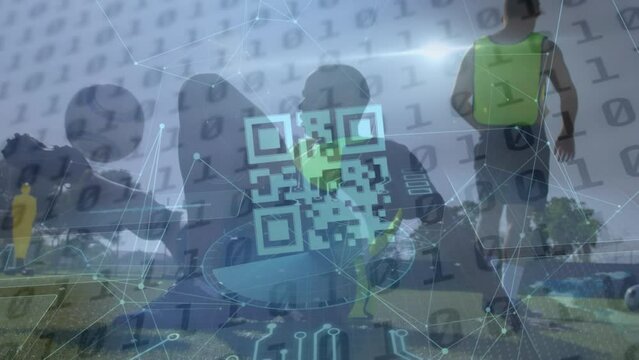Animation of data processing and qr code over diverse male soccer players - Powered by Adobe