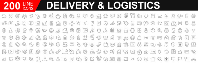 Big Set of 200 Delivery and logistics web icon. Delivery, shipping, logistics. Outline icons collection. Courier, shipping, express delivery, tracking order, support, business. Vector illustration - obrazy, fototapety, plakaty