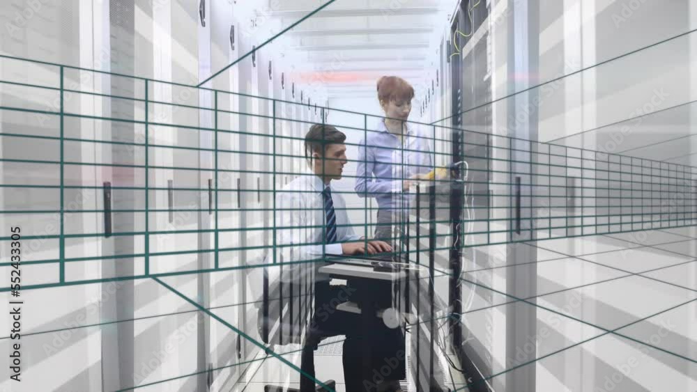 Poster animation of data processing over computer servers and grid with caucasian it engineers