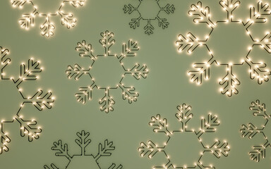 Image of christmas snowflakes falling on a green background. 3d rendering, illustration