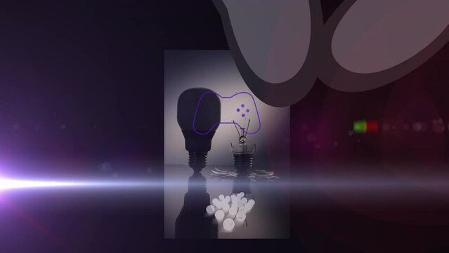 Animation of light trails over shapes and light bulb on black background