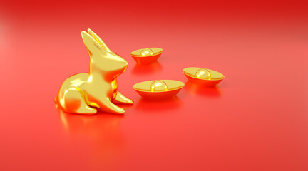 Realistic golden rabbit. 3d render Gold metallic bunny on a red background. Chinese new year background