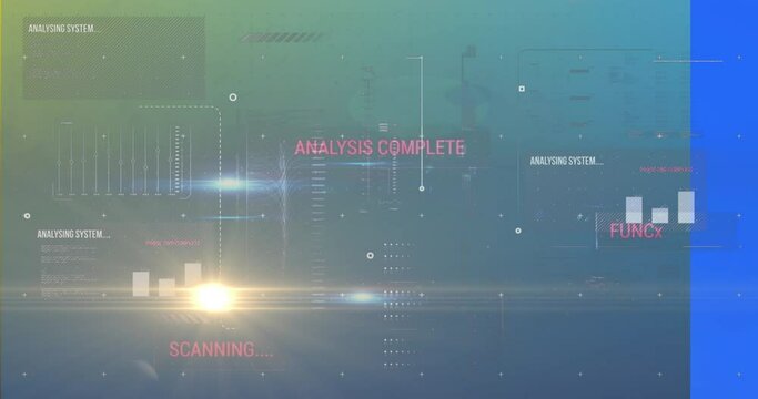Animation of light trails and data processing over blue background