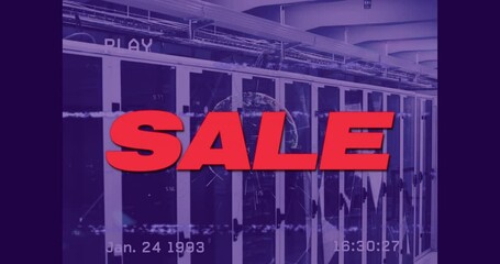 Animation of vhs glitch effect over sale text banner against computer server room - Powered by Adobe