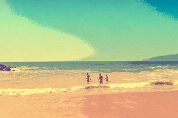 Ilustracja plaża nad oceanem kąpiący się ludzie pastelowe kolory.