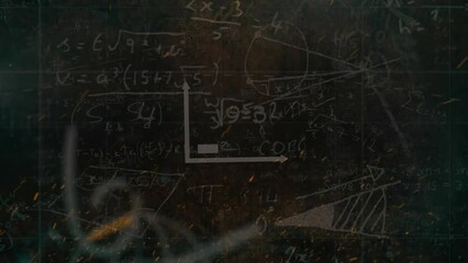 Animation of bar graph icon and fire sparks over mathematical equations against black background - Powered by Adobe