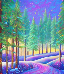 Colorful psychedelic winter snowy forest, christmas tree