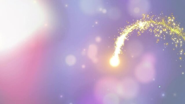 Animation of golden shooting star over spots of light against purple background