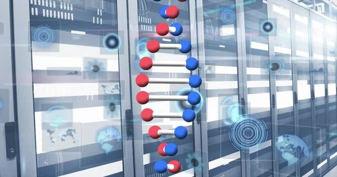 Animation of dna strand and data processing over server room - Powered by Adobe