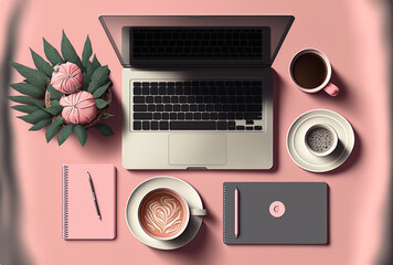 Creative flat lay of a tabletop in pink and grey with a laptop, coffee, and stationery. Generative AI