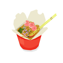Takeaway carton wok box noodles with shrimps. Takeout food package with noodle. Cartoon vector illustration of traditional Asian, Chinese, Thai dish.