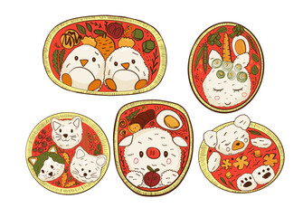 Doodle Asian food plate with rice and vegetables for kids. Kawai bear hand drawn illustration