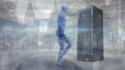 Animation of data processing and skeleton with server over cityscape - Powered by Adobe