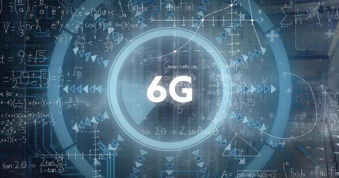 Animation of data processing and 6g text over server room - Powered by Adobe