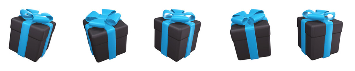 Set of black gift boxes with blue ribbon and bow. Isolated on a transparent background. 3d render