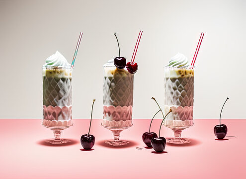 photography of three glasses of milkshake with a cherry on top and a straw  - AI Generated