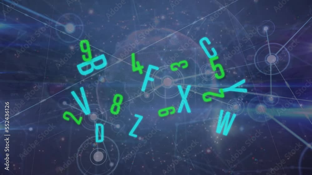 Poster animation of data processing over globe and letters