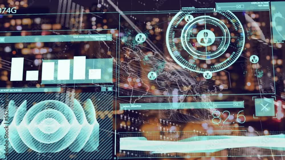 Poster animation of scope scanning and data processing over cityscape