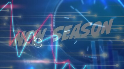 Animation of new season text over data processing and clock on black background - Powered by Adobe