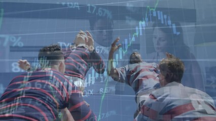 Animation of financial data processing over diverse rugby players and business people - Powered by Adobe