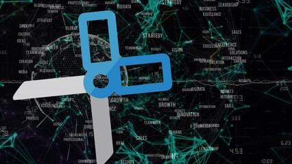 Animation of scissors icon and data processing with network of connections on black background - Powered by Adobe