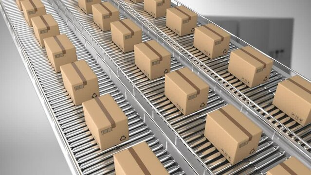 Animation of boxes on conveyor belt in warehouse