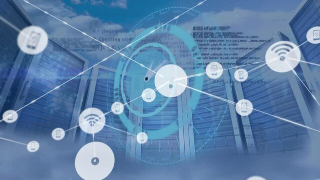 Animation of network of digital icons over round scanner against computer servers in the clouds